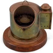 SHIP'S COMPASS, mounted on a gimbal, in brass binnacle, having compartment with oil lamp, on a