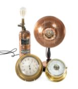 BRASS BULKHEAD STYLE COMPENSATED BAROMETER (modern); together with a bulkhead style clock, signed '