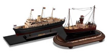 HANDMADE PAINTED WOODEN MODEL OF THE ROYAL YACHT BRITANNIA, presented under a Perspex case, 31 x