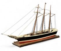 LARGE SCRATCH BUILT SCALE MODEL OF A WOODEN THREE-MASTED SAILING SHIP, hull painted blue, white