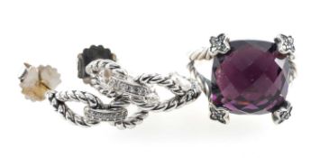 DAVID YURMAN JEWELLERY, comprising silver, amethyst and diamond cable dress ring, size Q; and pair