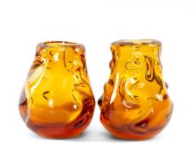 TWO WHITEFRIARS AMBER KNOBBLY GLASS VASES, 15cms (h) (2) Provenance: private collection Cheshire