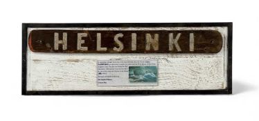 VINTAGE PAINTED WOODEN NAMEPLATE 'HELSINKI', 56.5cms (l) Auctioneer's Note: Salvaged from one of the