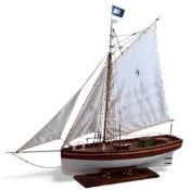 SCRATCH BUILT WOODEN SCALE MODEL SAILING BOAT, fully rigged, brown and cream hull, on stand, 84 (