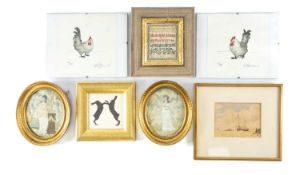 PAIR OF LATE GEORGE III SILKWORK EMBROIDERED TAPESTRY PANELS, later framed in gilt, 19.5 x 16.