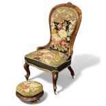 VICTORIAN MAHOGANY TAPESTRY UPHOLSTERED LADIES' SPOON BACK EASY CHAIR, 97 (h) x 52 (w) x 40cms (