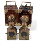 TWO EVER READY MAHOGANY & BRASS CASED BULLSEYE PORTABLE ELECTRIC LAMPS, early 1900, 18cms (h); and