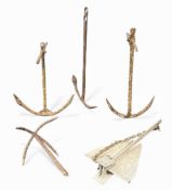 FIVE VARIOUS MARINE ANCHORS, including Danforth galvanised anchor with chain, two stock anchors,