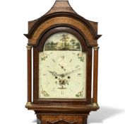 EARLY NINETEENTH CENTURY OAK AND MAHOGANY 8 DAY LONGCASE CLOCK, painted dial with twin weights and