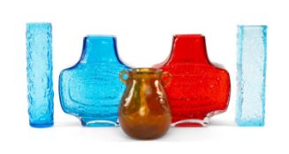 TWO CHINESE MADE TEXTURED GLASS VASES, after original designs by Baxter, 18.5cms (h); together