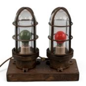 PAIR OF VINTAGE BRASS CASED SHIP'S PASSAGEWAY BULKHEAD LAMPS, port and starboard, mounted on a