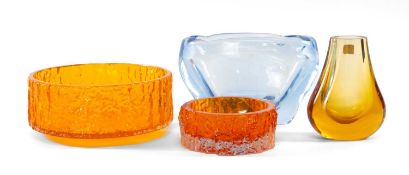 WHITEFRIARS SMALL AMBER TINTED GLASS VASE, 14cms (h); Whitefriars sapphire blue glass lobed bowl,
