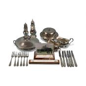 SILVER PLATED SHIPPING TABLEWARE, including two sugar casters, two sauceboats, chafing dish and