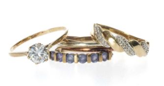 FOUR 9CT GOLD RINGS, comprising boxed six-stone amethyst and diamond chip, boxed white gem solitaire