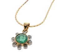 EMERALD & DIAMOND CLUSTER PENDANT, set in 14ct gold, the central round-cut emerald approx. 5mms (