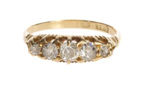 ANTIQUE DIAMOND FIVE-STONE RING, set with old cushion cut stones graduating in size, totalling