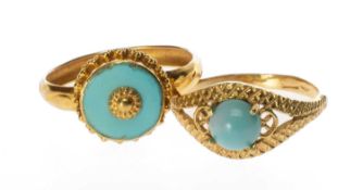 TWO YELLOW METAL RINGS comprising turquoise cabochon ring stamped '750', and a turquoise enamel ring