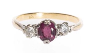 18CT GOLD THREE-STONE RUBY & DIAMOND RING, ring size Q 1/2, 3.1g Provenance: private collection