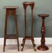 THREE JARDINIÈRE STANDS, including one reproduction with barley supports and circular top, 101cms (