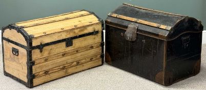 TWO VINTAGE DOME-TOP TRUNKS, black metal with wooden banding, 59 (h) x 77 (w) x 53cms (d); and a