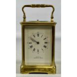 EARLY 20TH CENTURY LACQUERED BRASS CASED FOUR-GLASS CARRIAGE CLOCK, visible platform escapement,