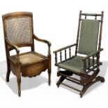 TWO VINTAGE CHAIRS, American rocking chair and a commode with porcelain (2) Provenance: private
