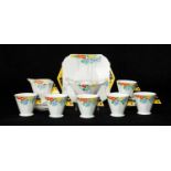 SHELLEY ART DECO BONE CHINA TEA SET, butterfly handles, comprising six cups, six saucers, six side