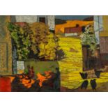 ‡ JOHN ELWYN (Welsh 1916-1997) oil on board - farmyard scene with black hens, signed & dated 1960