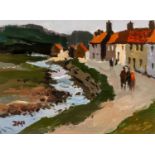 ‡ DONALD MCINTYRE (English lived, worked Wales 1923-2009) acrylic - entitled verso 'Village by a