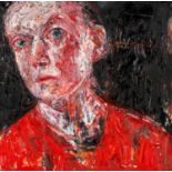 ‡ SHANI RHYS JAMES MBE (Welsh b. 1953) oil on gesso - entitled verso 'Red Overall' on Martin