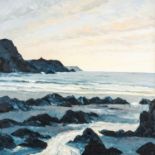 ‡ GWYN ROBERTS (Welsh b. 1953) oil on canvas - Pembrokeshire coast, entitled verso 'Traeth Llyfn',