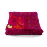 TRADITIONAL WELSH BLANKET, purple, red and orange geometric design, matching fringe and two