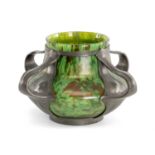 POSSIBLY LOETZ CYTISUS ART NOUVEAU GREEN GLASS VASE with mottled decoration, fitted n pewter
