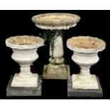 RECONSTITUTED STONE PEDESTAL BIRD BATH, 74 (h) x 58cms (diam.); pair of white-painted