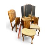 QUALITY BURR WALNUT PART BEDROOM SUITE, en suite to the Lot 13 and 14, comprising twin-pedestal