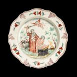 18TH CENTURY ENGLISH CREAMWARE PLATE hand-painted to the centre with scene depicting the sacrifice