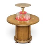 ART DECO CIRCULAR OAK COCKTAIL TABLE, pop-up centre section drinks cabinet, 90 (h) x 86cms (diam.)