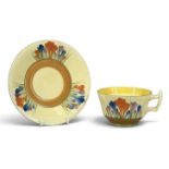 CLARICE CLIFF BIZARRE HAND-PAINTED CROCUS PATTERN CUP & SAUCER Provenance: private collection