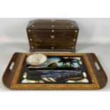 REGENCY ROSEWOOD TEA CADDY of sarcophagus form, mother-of-pearl inlay; Brazilian parquetry inlaid