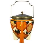 CLARICE CLIFF BIZARRE FANTASQUE ORANGE CHINTZ PATTERN BISCUIT BARREL, triple fin design with metal