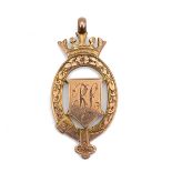 9ct rose gold medallion, engraved initials RL to the shield-shaped cartouche, L.C.C.L 2nd Div 1907