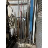 Large Quantity of Various Sized Metal Bars, with wall mounted rack (metalwork workshop) Please