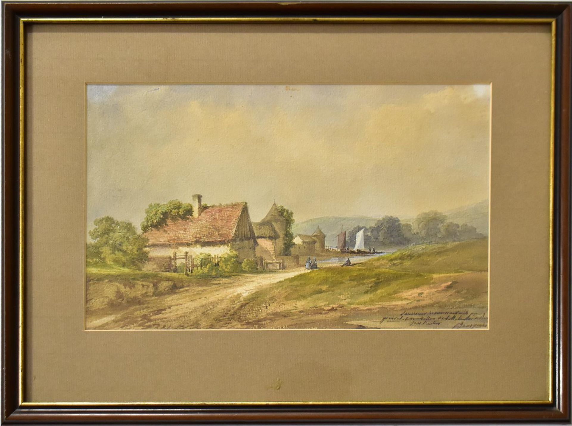 BOURGEOIS, EUGÈNE. Landschaft mit Häusern und Segelbooten. Aquarell.