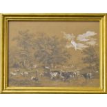 VOLTZ, FRIEDRICH (WOHL). Kuhherde am Wasser. Bleistiftzeichnung, weiß gehöht.