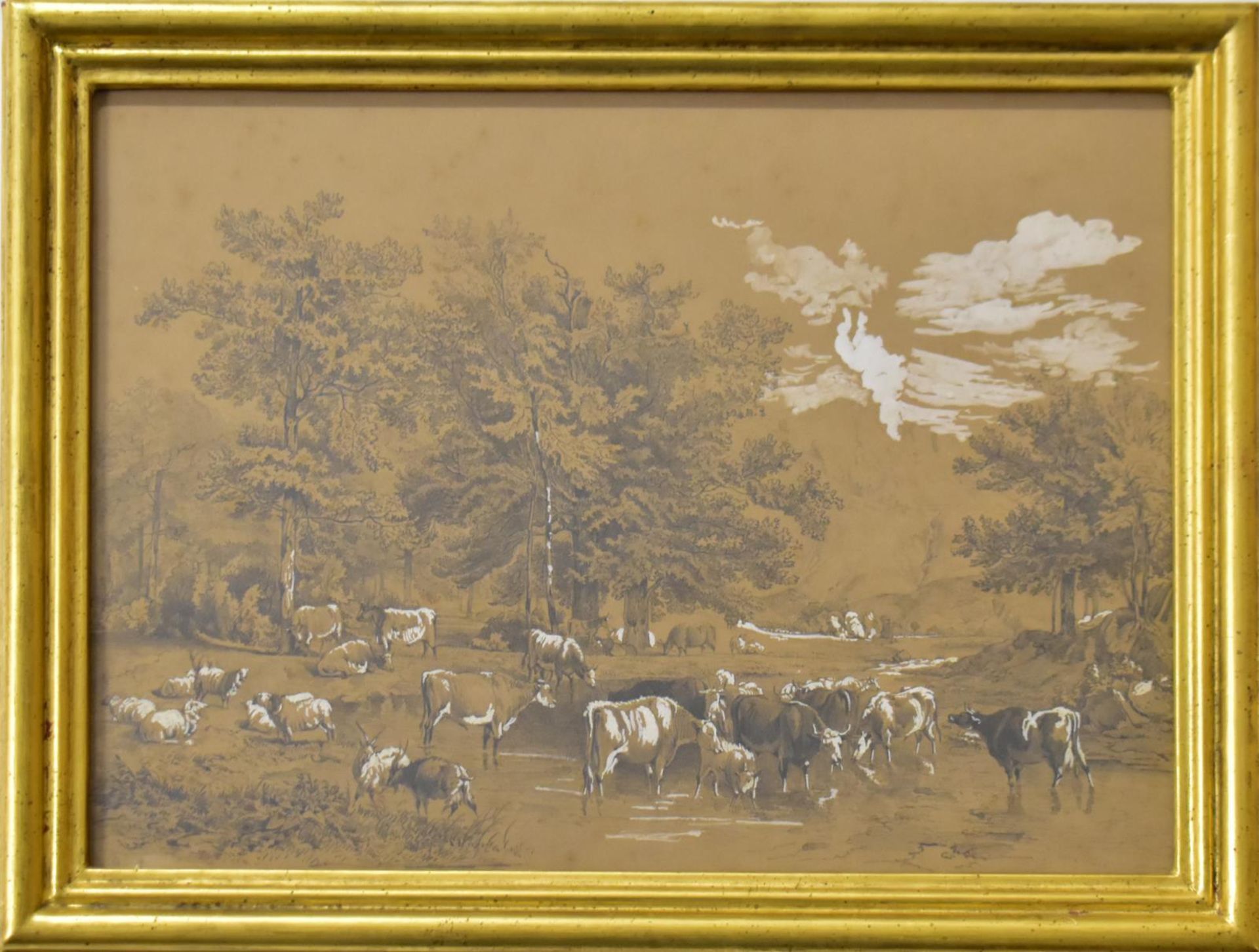 VOLTZ, FRIEDRICH (WOHL). Kuhherde am Wasser. Bleistiftzeichnung, weiß gehöht.