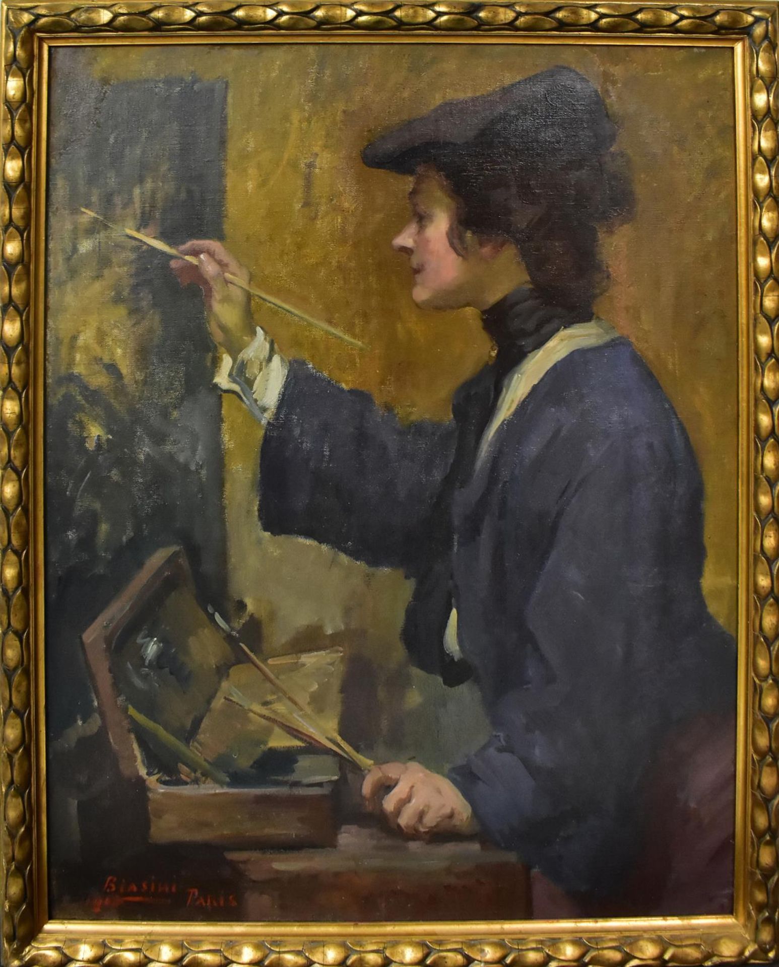 BIASINI, MARI. Selbstporträt an der Staffelei. Öl/Leinwand/Platte.