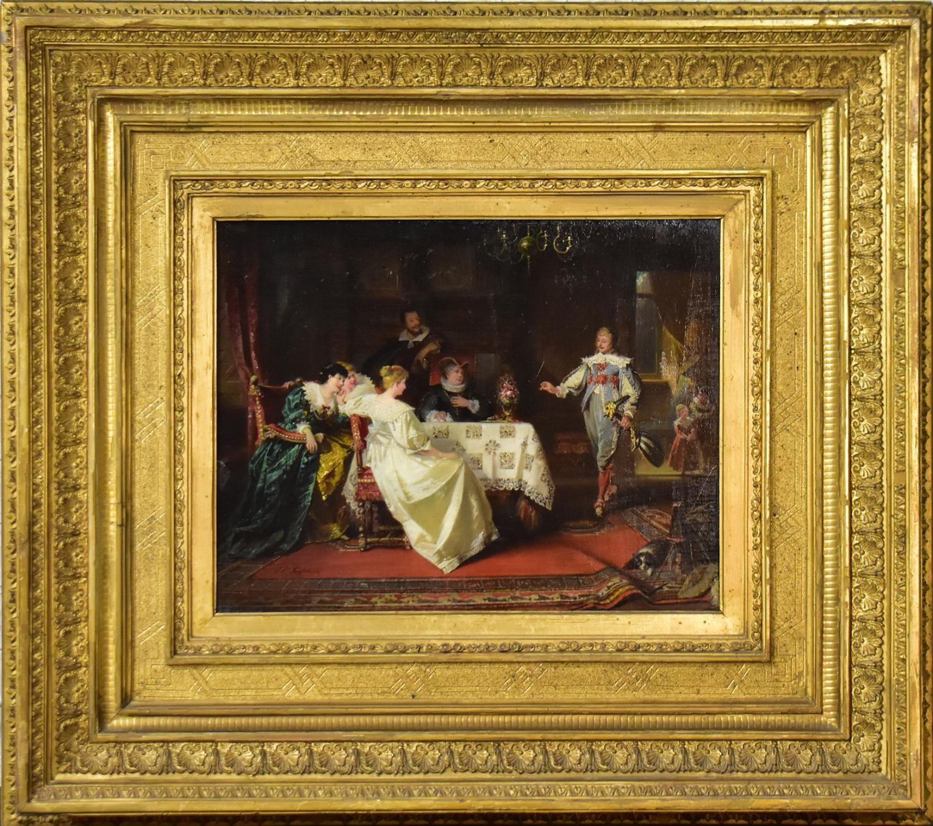 GAISSER, JAKOB EMANUEL. Höfische Szene mit Lautenspieler. Öl/Holz.