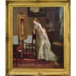 UNBEKANNT. Dame betrachtet ihr Porträt. Öl/Leinwand.