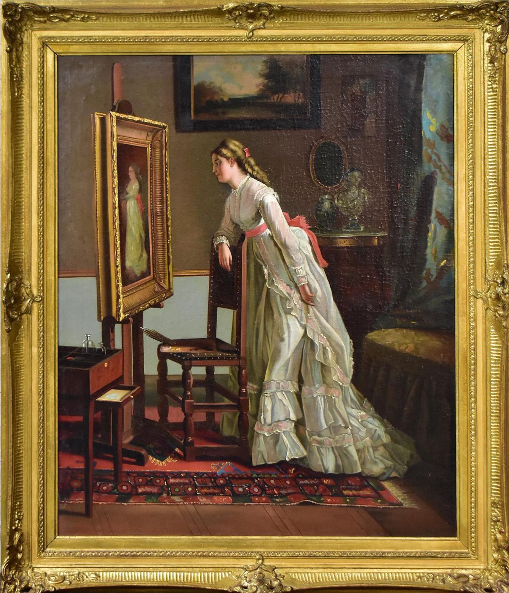 UNBEKANNT. Dame betrachtet ihr Porträt. Öl/Leinwand.