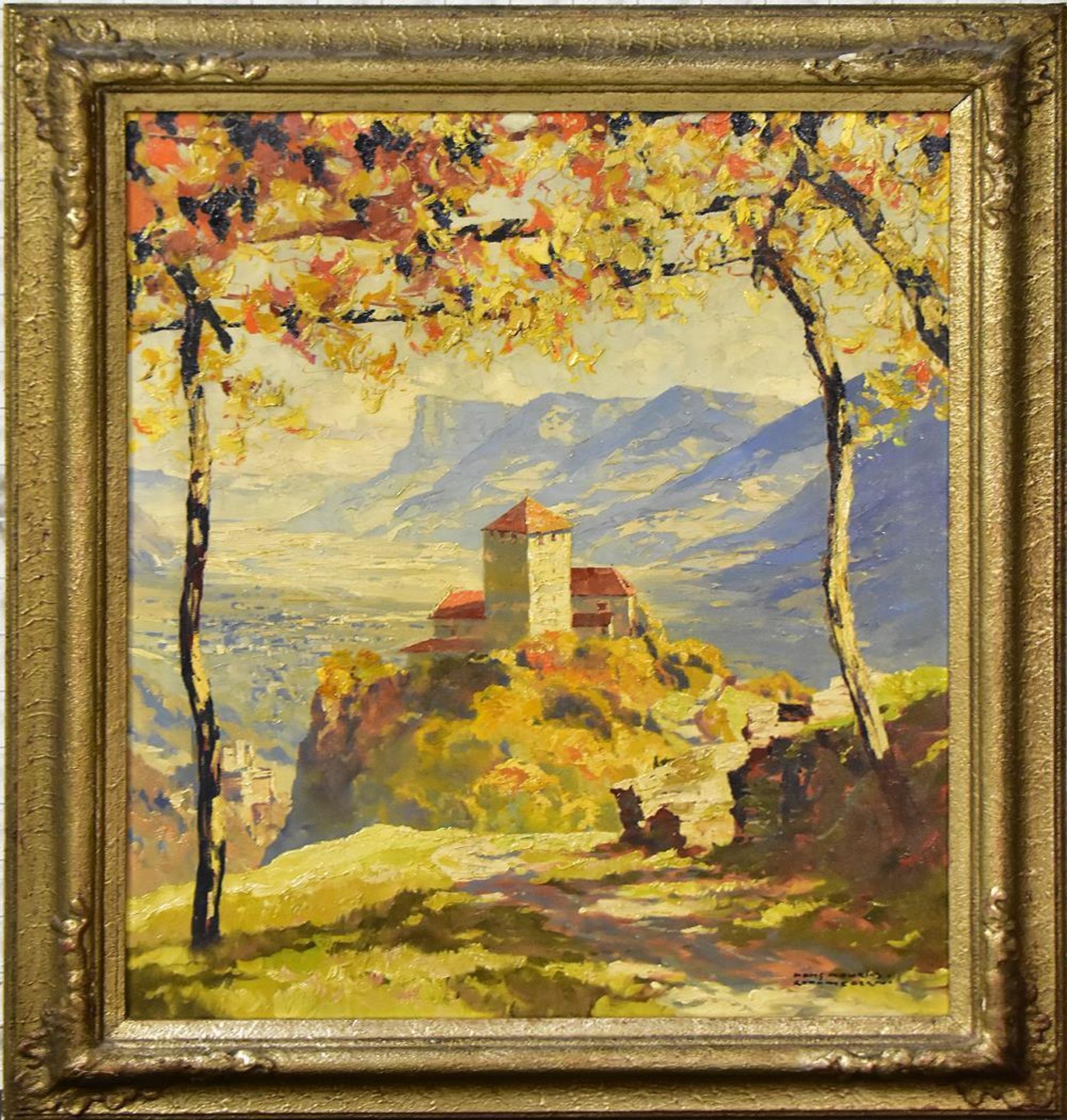 MAURUS, HANS. Blick auf Schloß Tirol bei Meran. Öl/Leinwand.